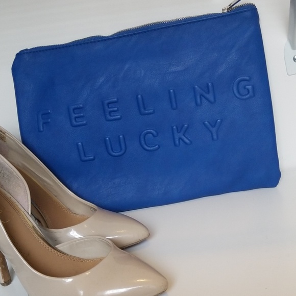 NWOT Blue Zara "Caution Feeling Lucky" Clutch - Picture 2 of 6